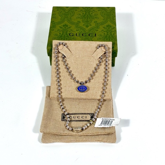 Gucci Interlocking Sterling Silver Boule Chain Necklace With Blue Enamel NEW